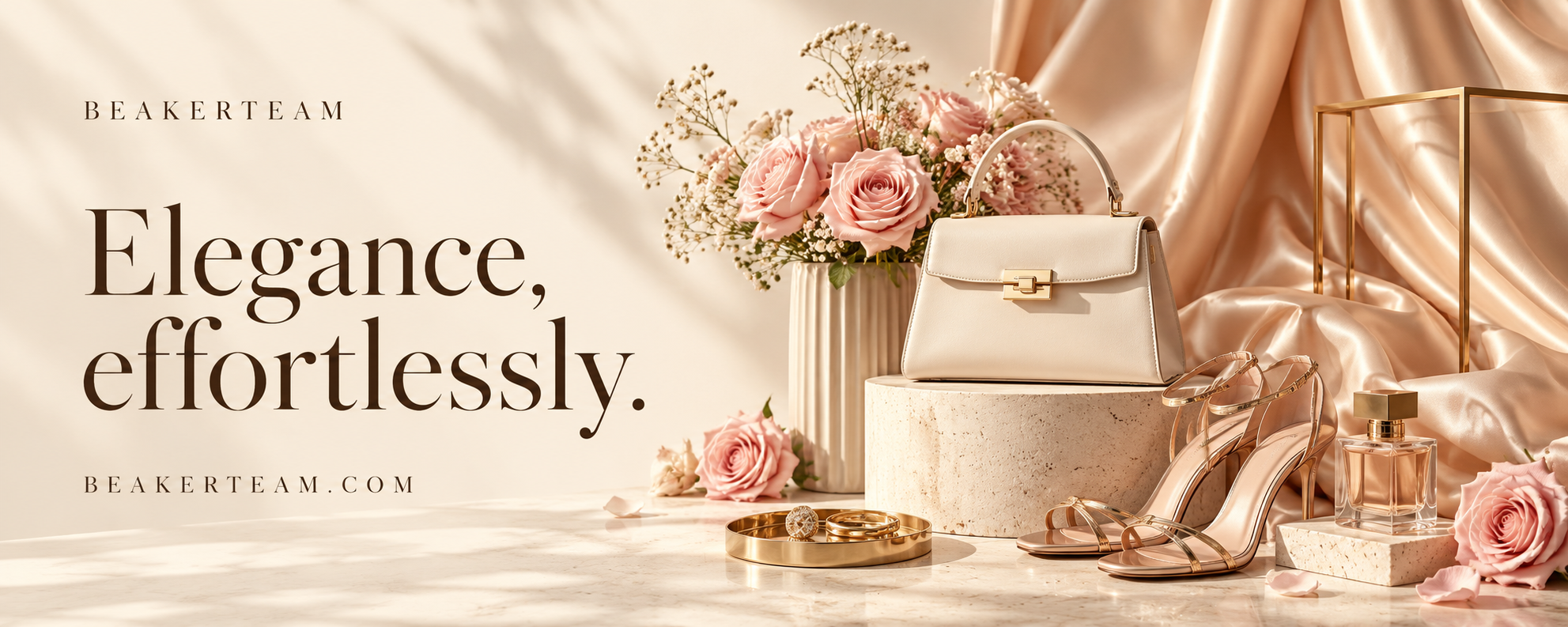 Blush roses, an ivory handbag, gold sandals, jewelry and perfume arranged on champagne fabric.