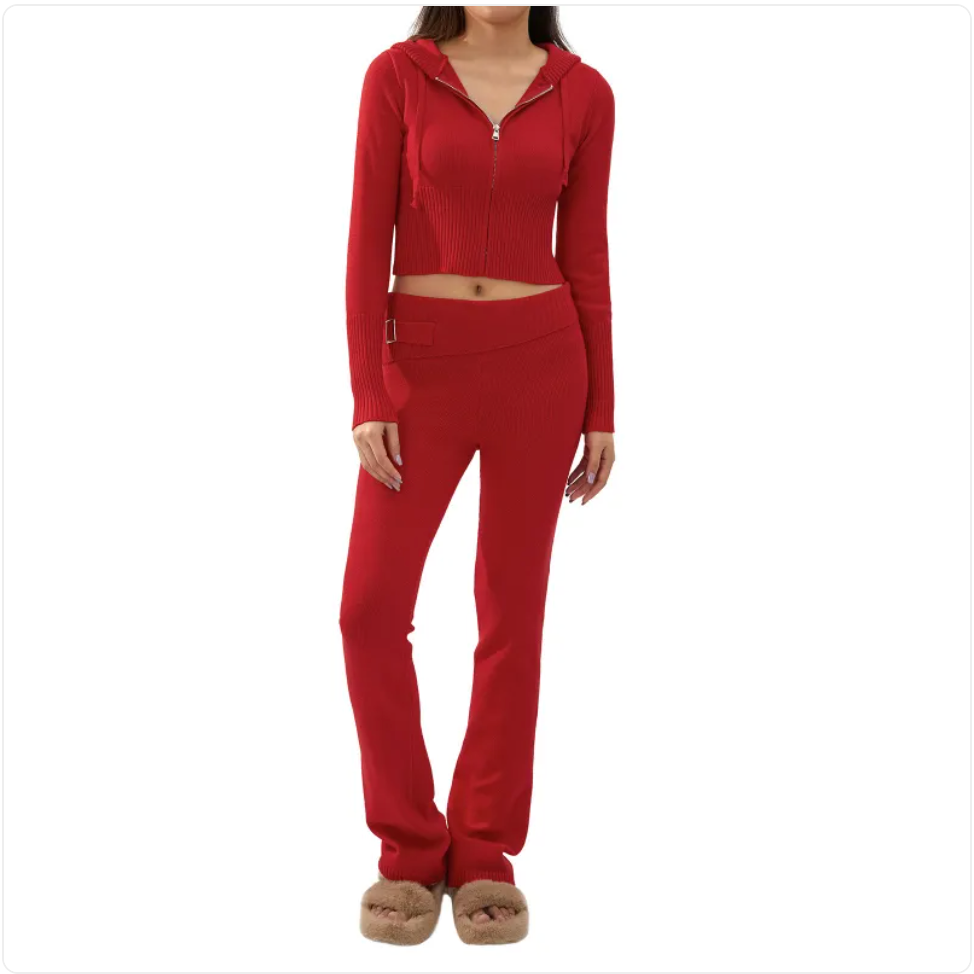 Women’s 2-Piece Knitted Hooded Set - Long-Sleeve Cardigan & High-Waist Trousers